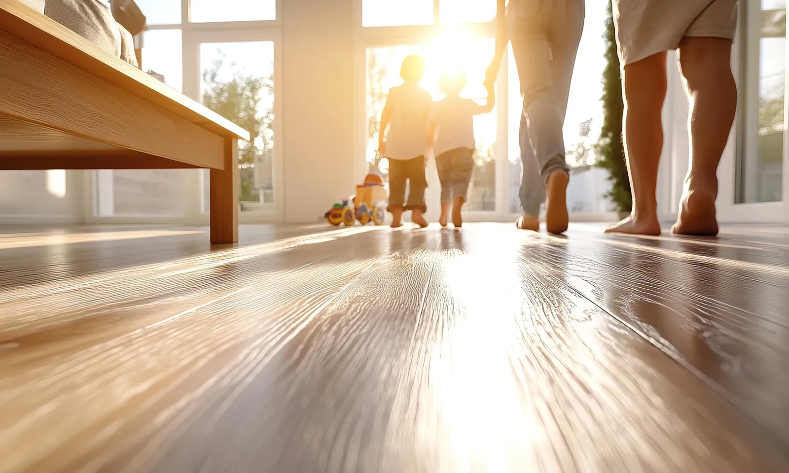 Familie läuft barfuß über einen hellen Holzboden in einem sonnendurchfluteten Wohnraum