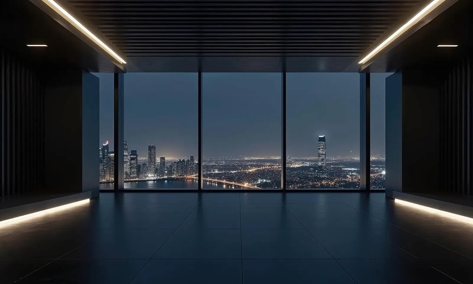 Moderner Raum mit Glasfront und Blick auf eine nächtliche Stadtsilhouette
