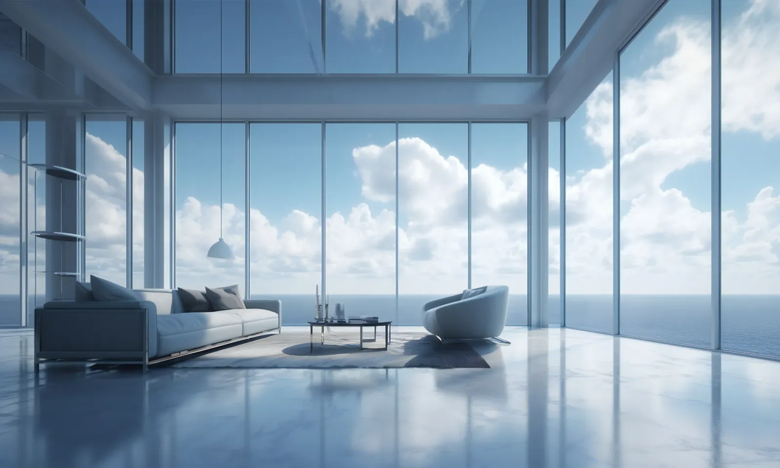 Heller, offener Wohnraum mit bodentiefen Fenstern und Blick auf Himmel und Meer